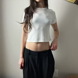 90s vintage white minimalist slinky knit cropped baby tee shirt top